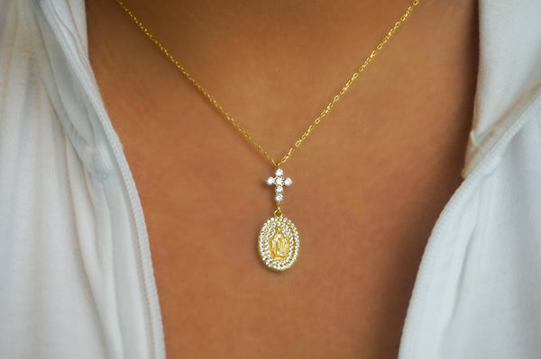 'CRYSTAL CROSS & MARY NECKLACE'
